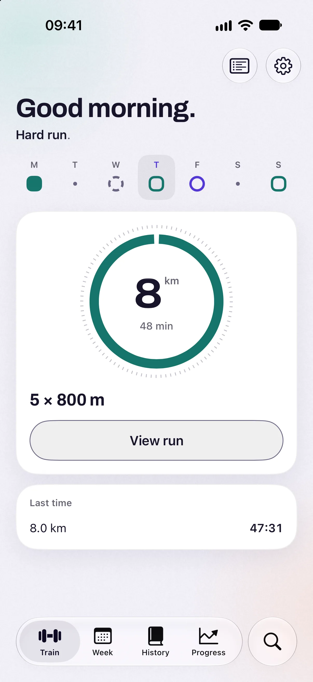 A run day: 5 × 800 m, an 8 km ring, and the Apple Health run matched to it, 8.0 km in 47:31